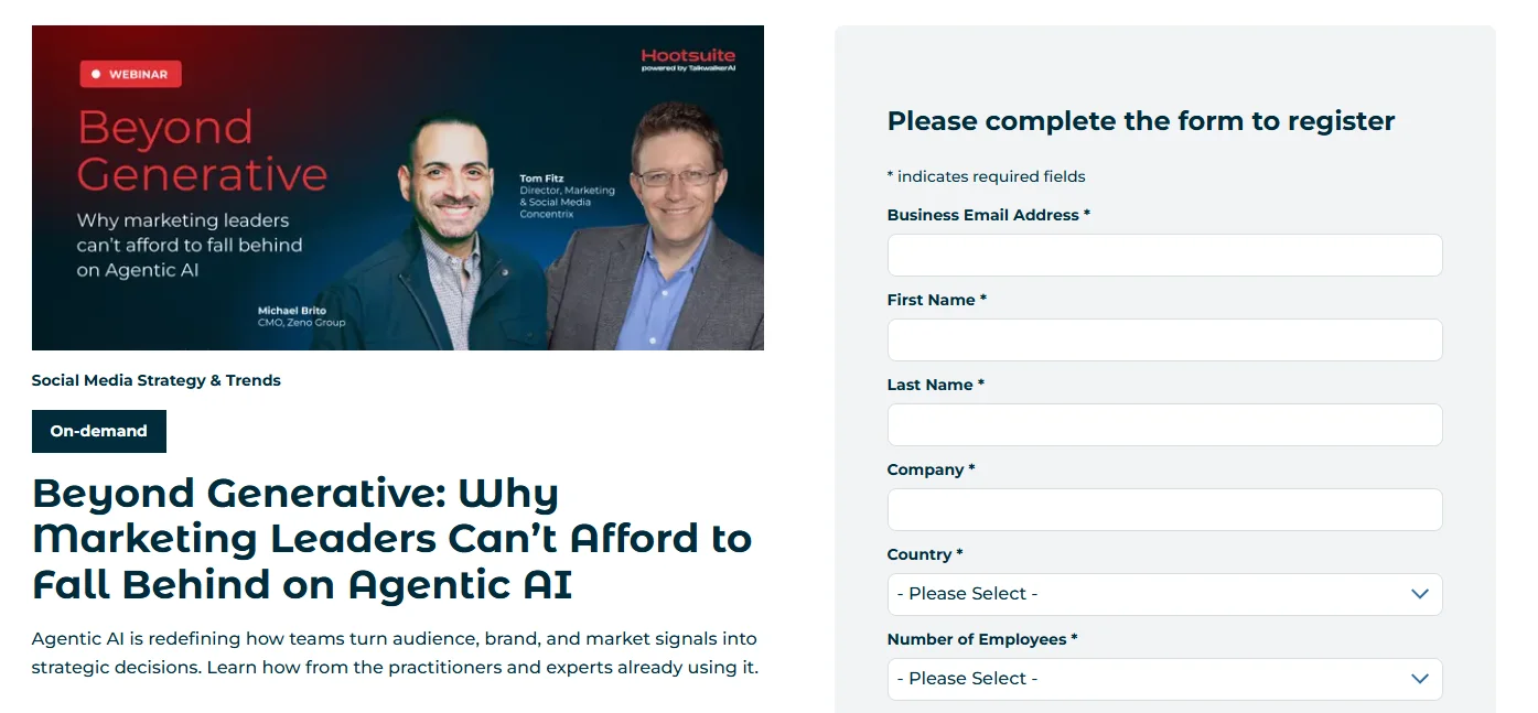 An example of a webinar page by Hootsuite with a form for gathering email addresses