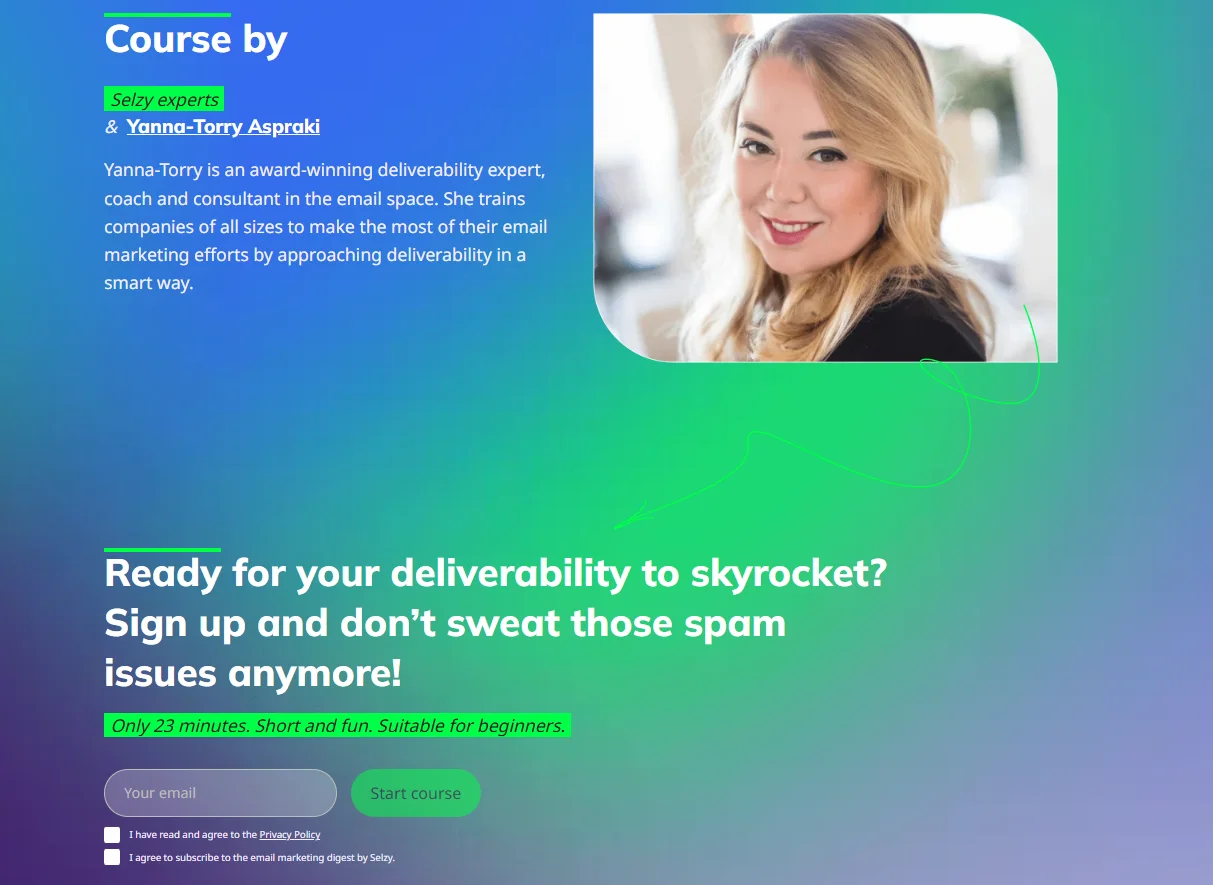 An example of a course page by Selzy with a form for gathering email addresses