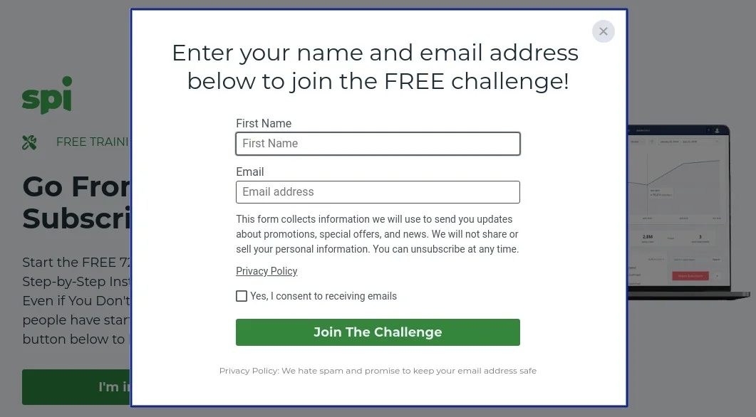 A consent box to receive a newsletter on the first step of the challenge sign up