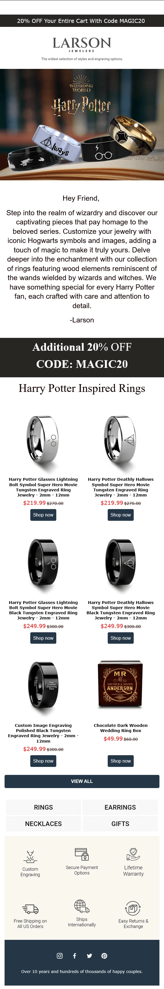 Newsletter featuring some custom Harry Potter products with symbols from the series