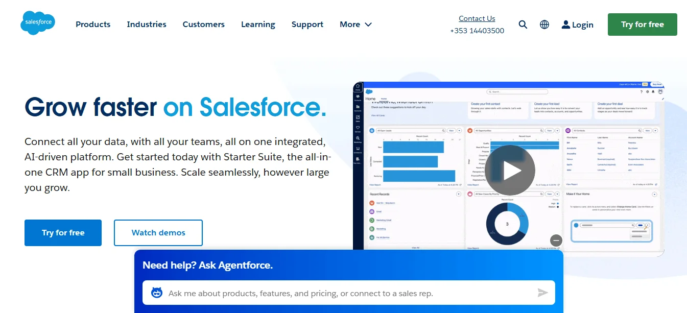 Salesforce’s homepage showing navigation options or products, industries, customers, learning, and support