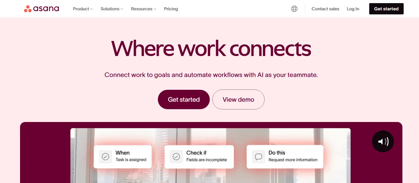 Asana’s homepage showing the hero text, call to action to get started and view demo and an image of its automation.