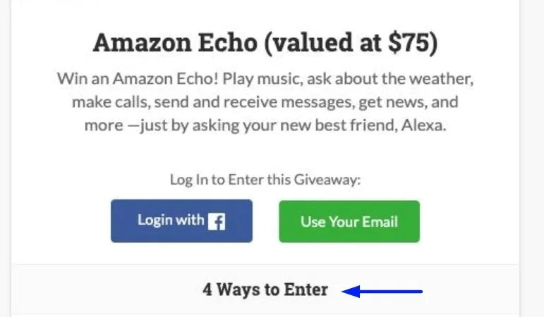 A giveaway example with multiple ways to sign up