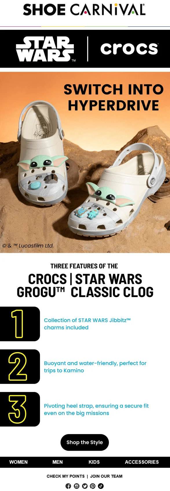 Shoe Carnival email featuring Crocs Grogu (also known as baby Yoda) line