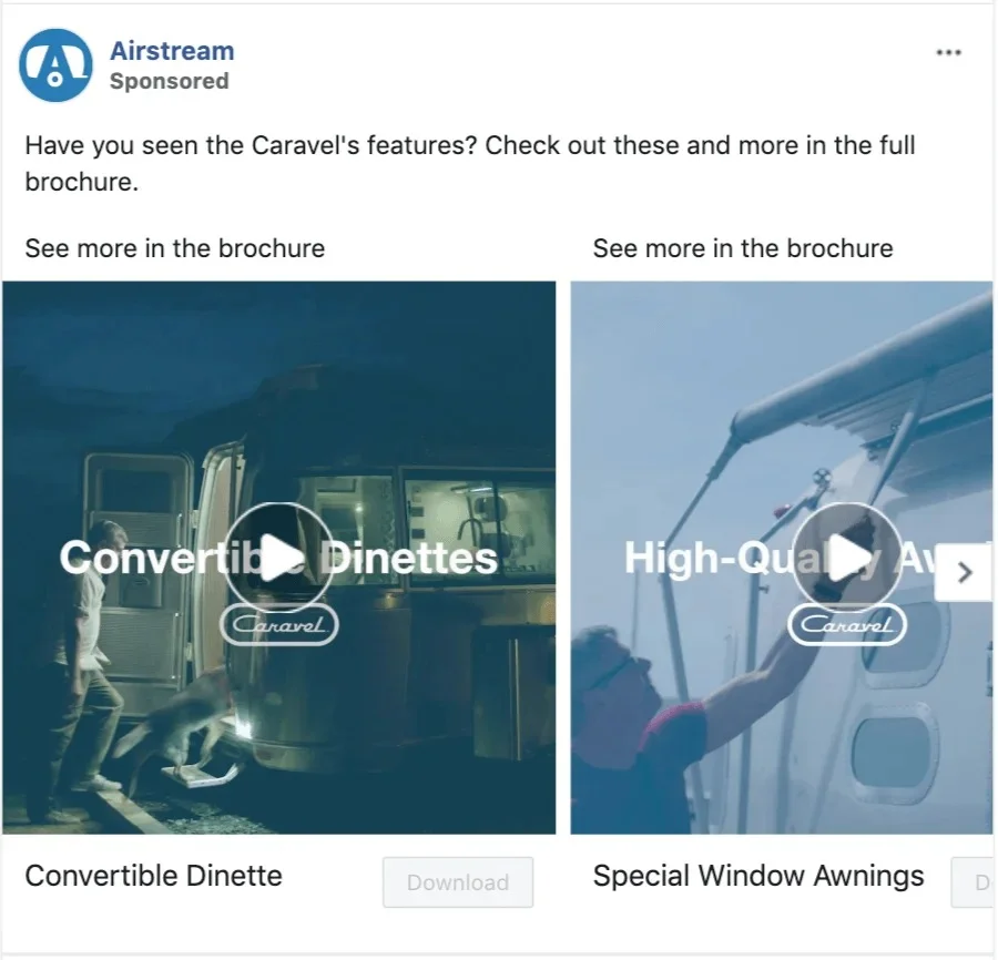 A lead ad by Airstream promoting the product by showing more than just one feature