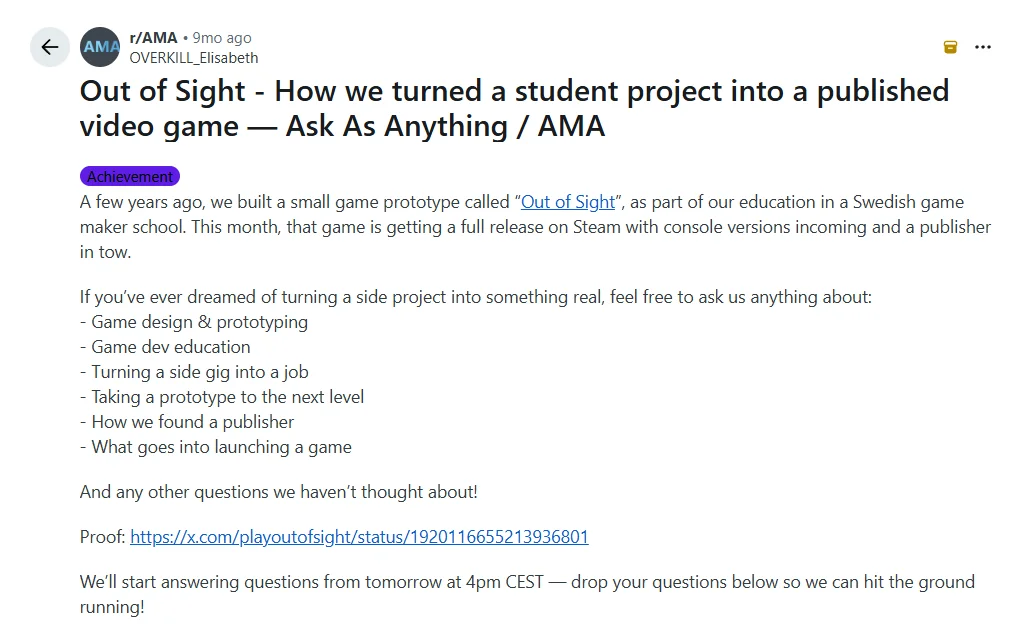 Example of an AMA on Reddit promoting a video game