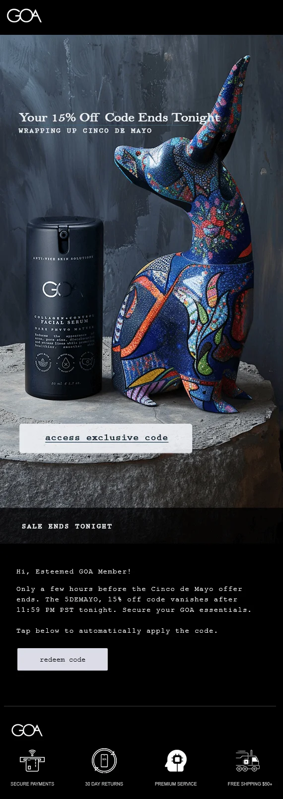 GOA Skincare newsletter with its facial serum and Mexican-inspired artwork