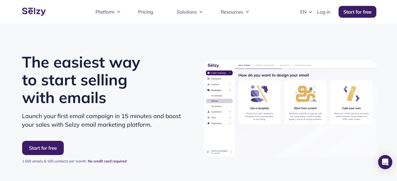 Selzy’s homepage shows a call-to-action button and its email design interface