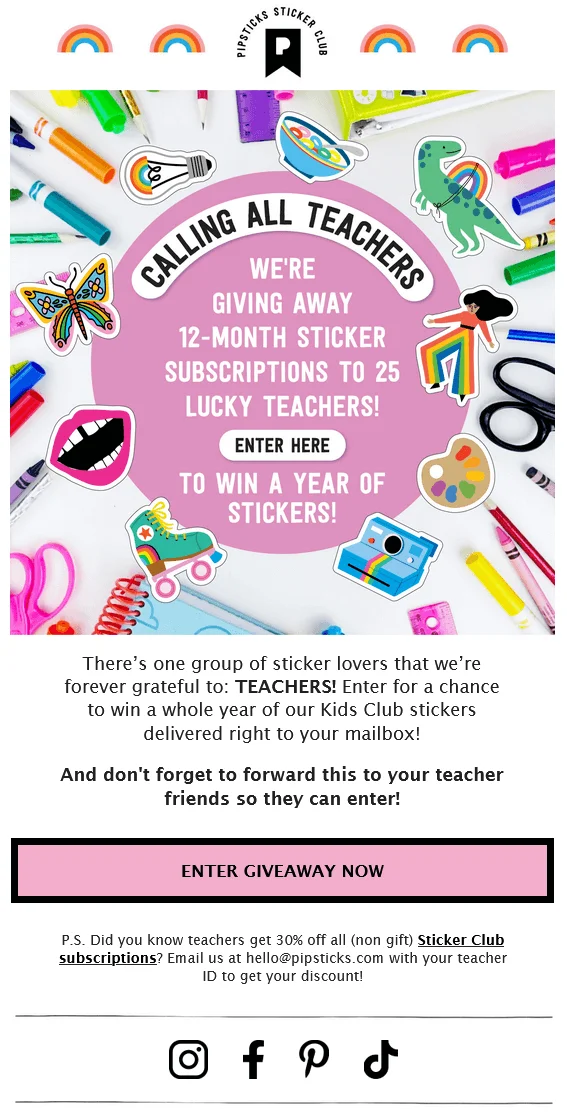 Pipsticks email newsletter with the text "We're giving away 12-month stickers subscriptions"