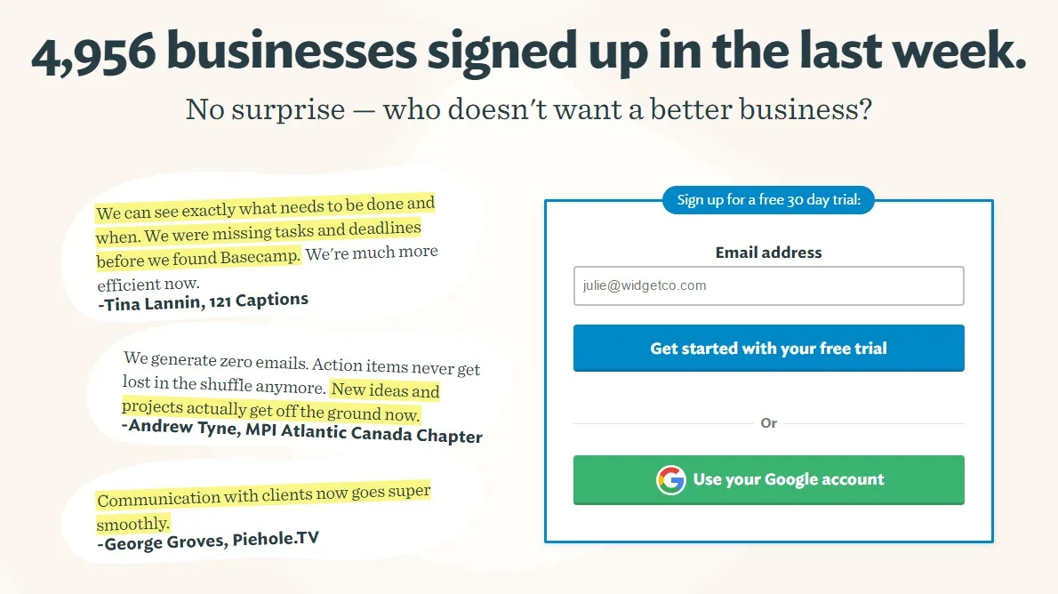 A embedded sign-up form example from Basecamp