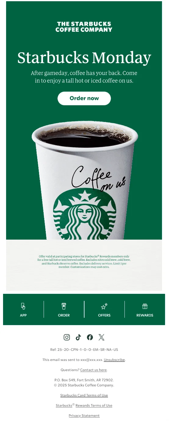 A Starbucks email with the heading “Starbucks Monday” and the CTA button “Order now”