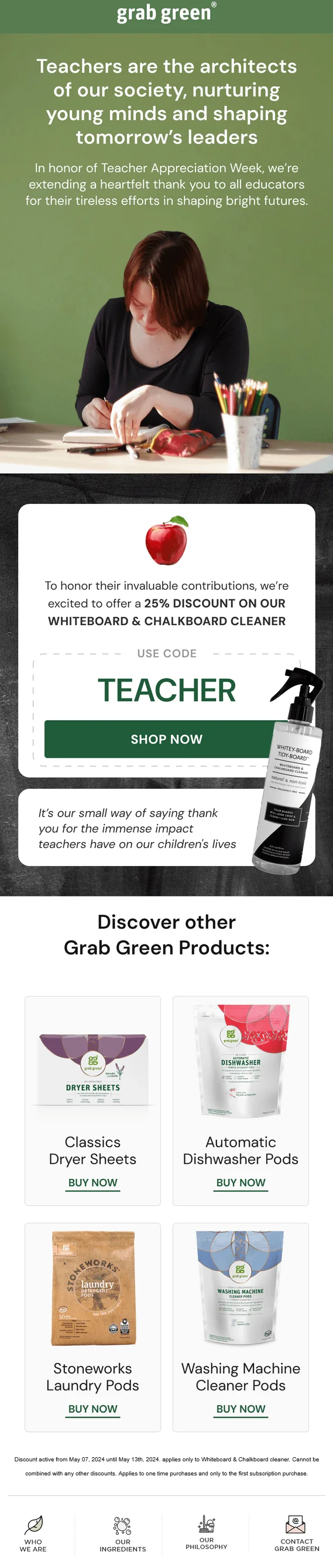 Grab Green email with the message: "Teachers are the architects of society, nurturing young minds and shaping tomorrow's leaders". The product highlighted is a board eraser.