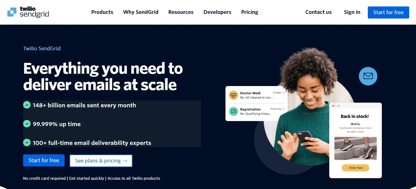 SendGrid’s homepage shows a person using a phone, and call-to-actions, and the navigation bar links to products, resources, developers, and pricing.