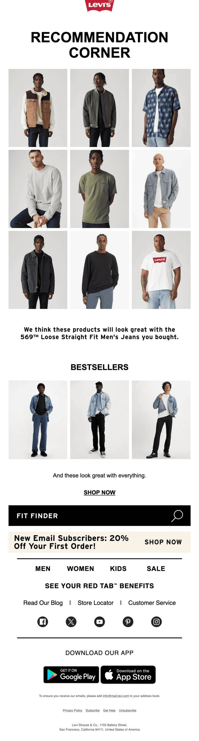 A Levi’s email titled “Recommendation corner” with tops recommended for the user’s recently-purchased pair of jeans