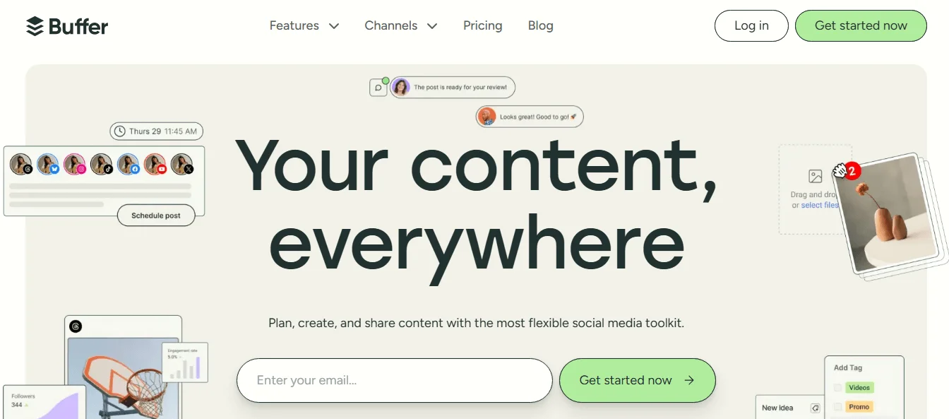 Buffer’s homepage showing its logo, hero content, call to action, box to enter email, and navigation bar