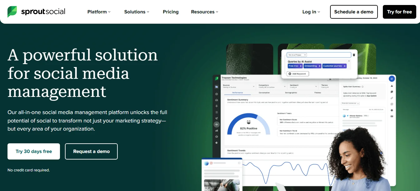Sprout Social’s homepage shows the analytics dashboard, hero text, call-to-action to request a demo, and navigation bar at the top of the page.