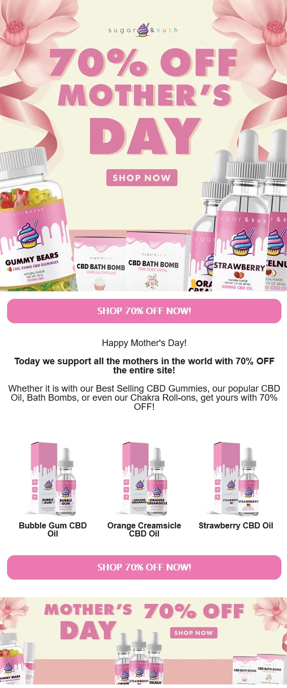 Sugar and Kush email with a 70% off coupon