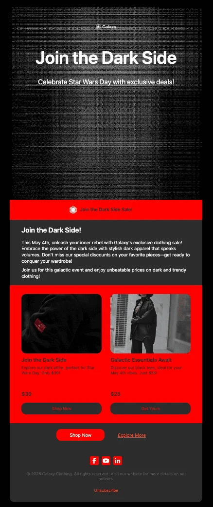 An email with red and black colors featuring the banner text “Join the Dark Side” and two product recommendations at the bottom