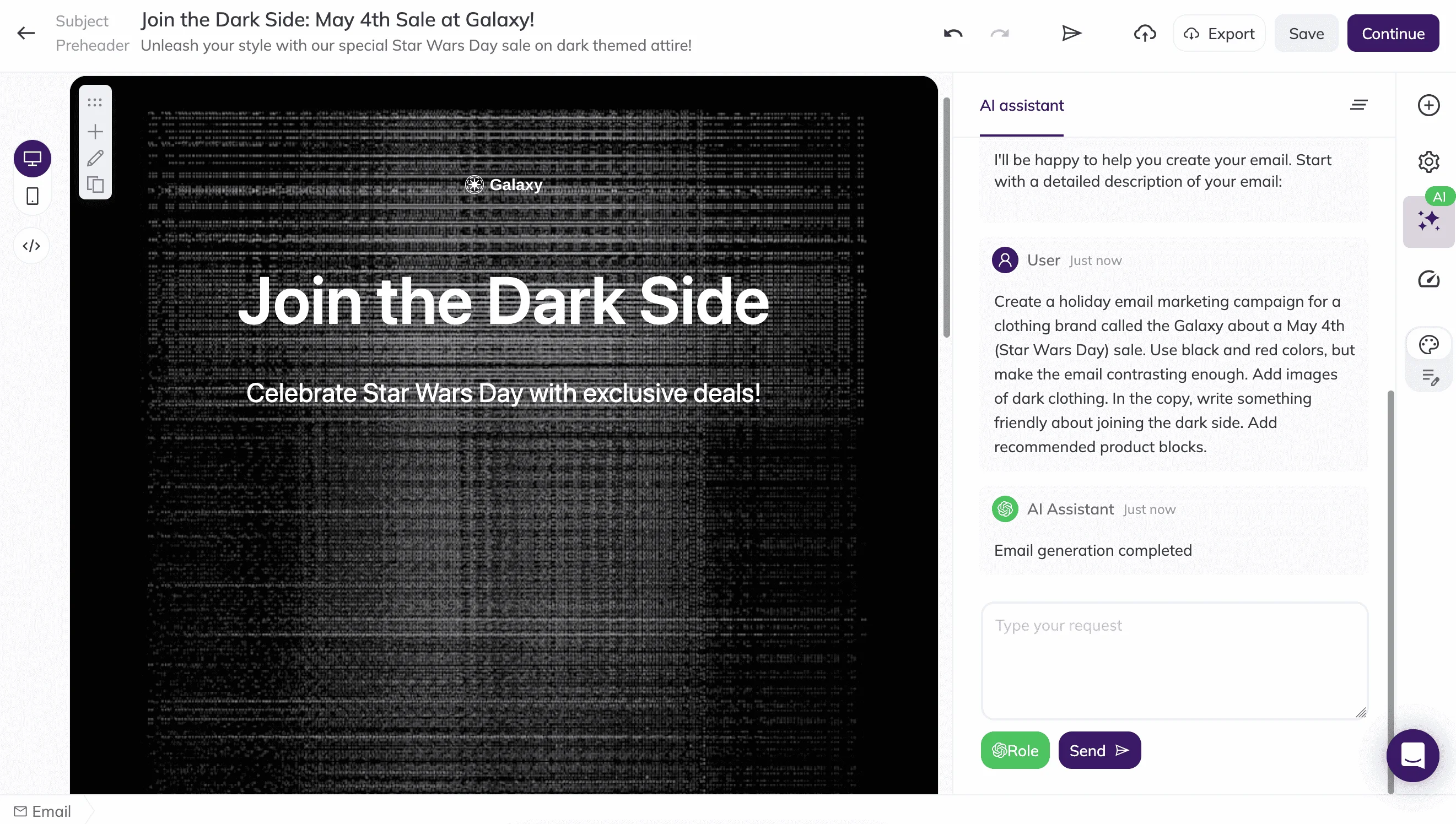 The same dark-themed email shown in Selzy’s email editor: the email is on the left, while the AI assistant interface is on the
