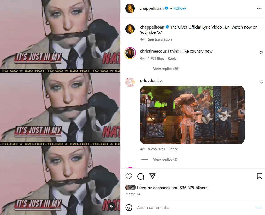 A screenshot of Chappell Roan’s Reels video promoting the lyric video for “The Giver”