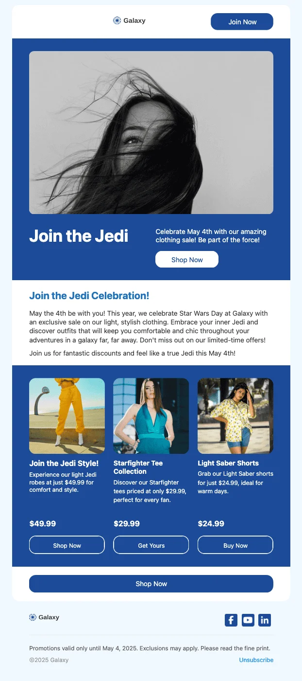 An email with white and blue colors featuring the banner text “Join the Jedi” and three product recommendations at the bottom