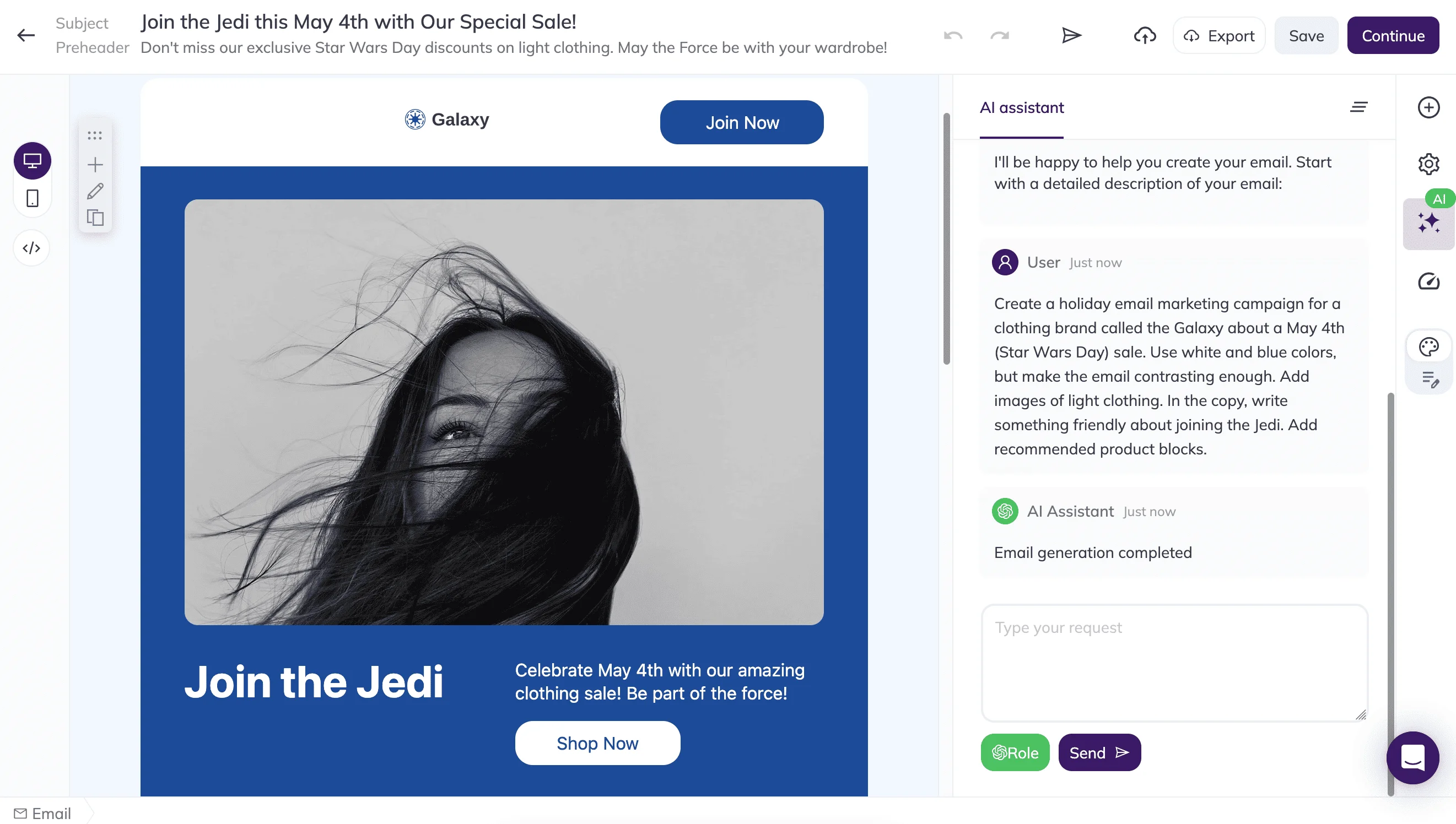The same light-themed email shown in Selzy’s email editor: the email is on the left, while the AI assistant interface is on the right