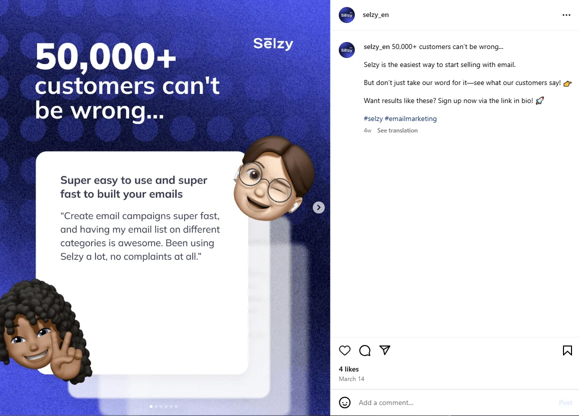Selzy Instagram post with social proof and the same tagline “50,000+ customers can’t be wrong”