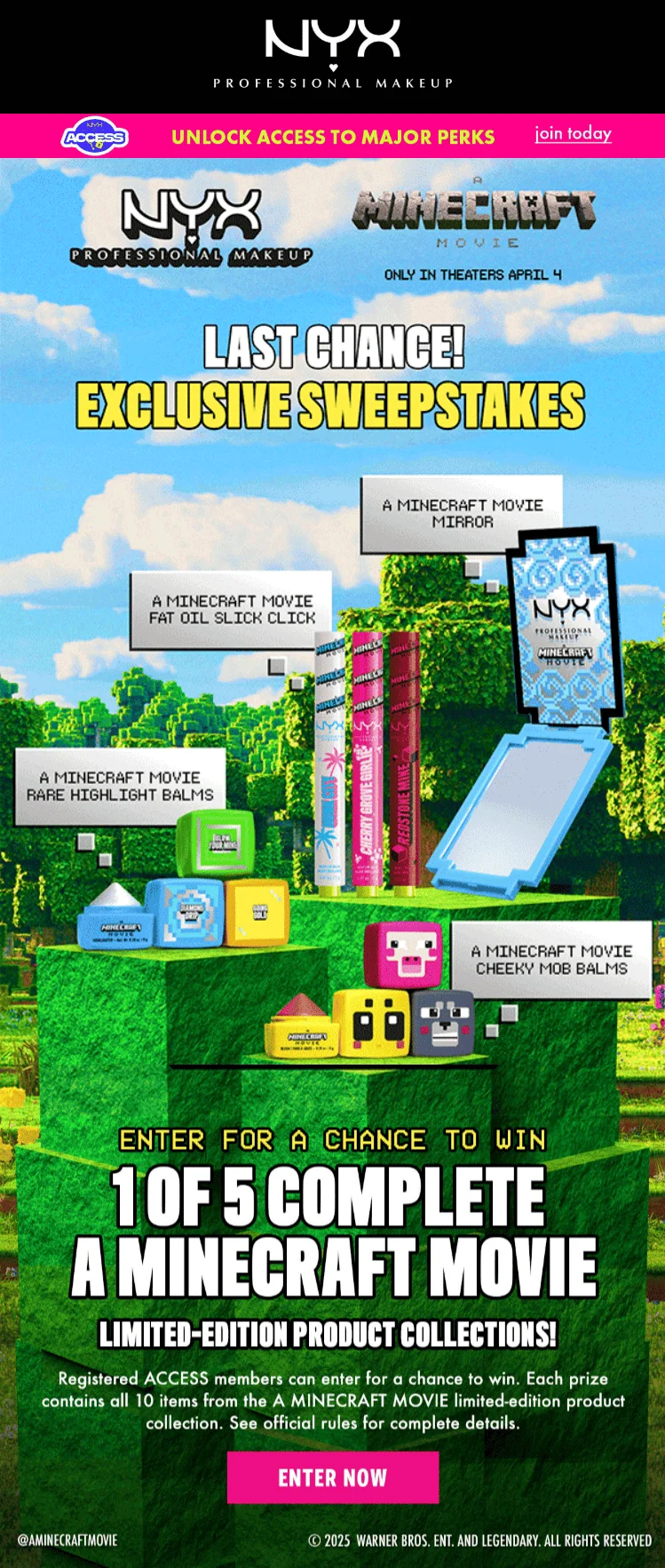 Email from NYX Cosmetics promoting a Minecraft-themed makeup collection linked to the Minecraft movie release, all products are pictured on a pile of green Minecraft blocks