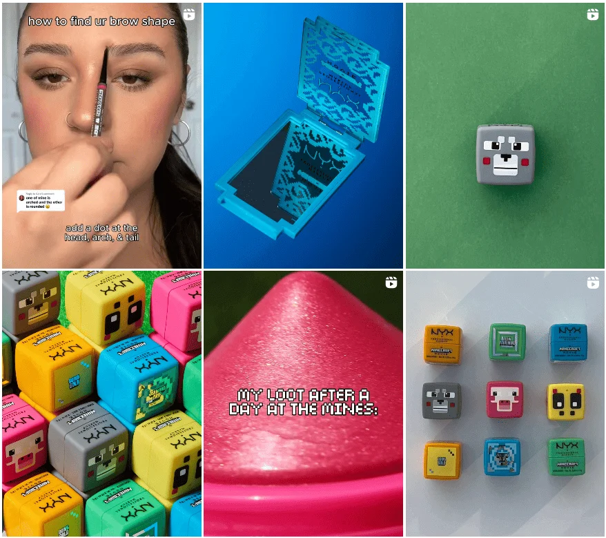 NYX Cosmetics Instagram page timeline showing a bunch of posts promoting their Minecraft-themed collection, the timeline includes both pictures and short videos