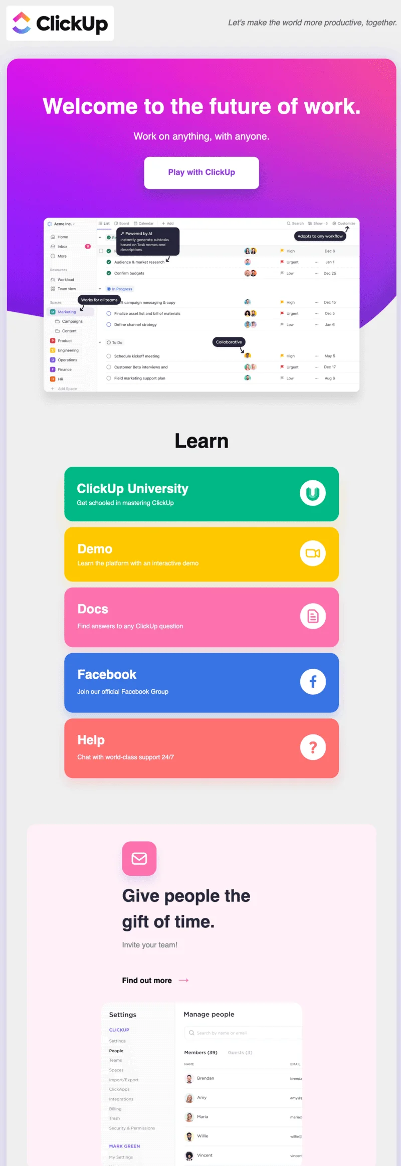 The first email of an onboarding sequence, showing ClickUp’s interface with arrows pointing to important features, such as AI-powered research, and buttons with links to educational resources further down