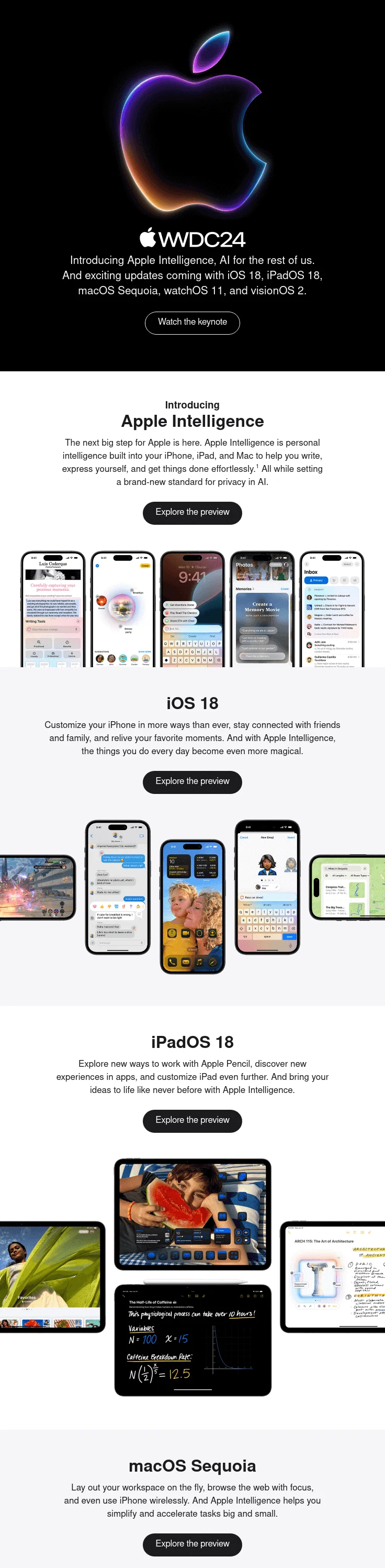The second email in the email sequence from Apple, recapping the WWDC24 event for its contact base, offering previews of announced features and products at the WWDC24 conference