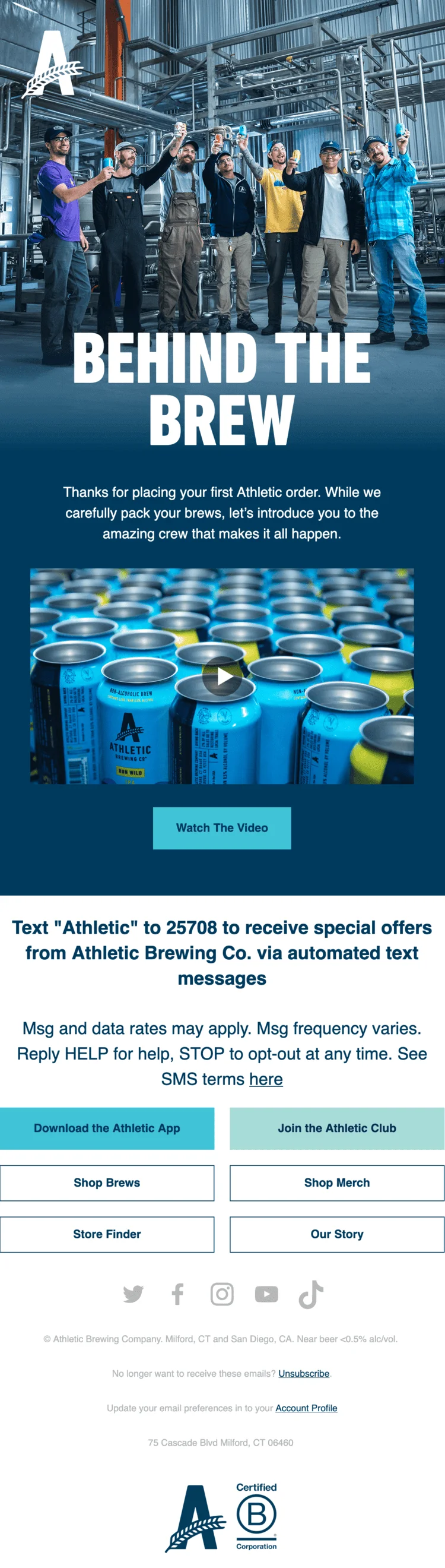 The first in a series of post-purchase follow-up emails from Athletic Brewing, thanking the customer for their purchase and offering a subscription opportunity