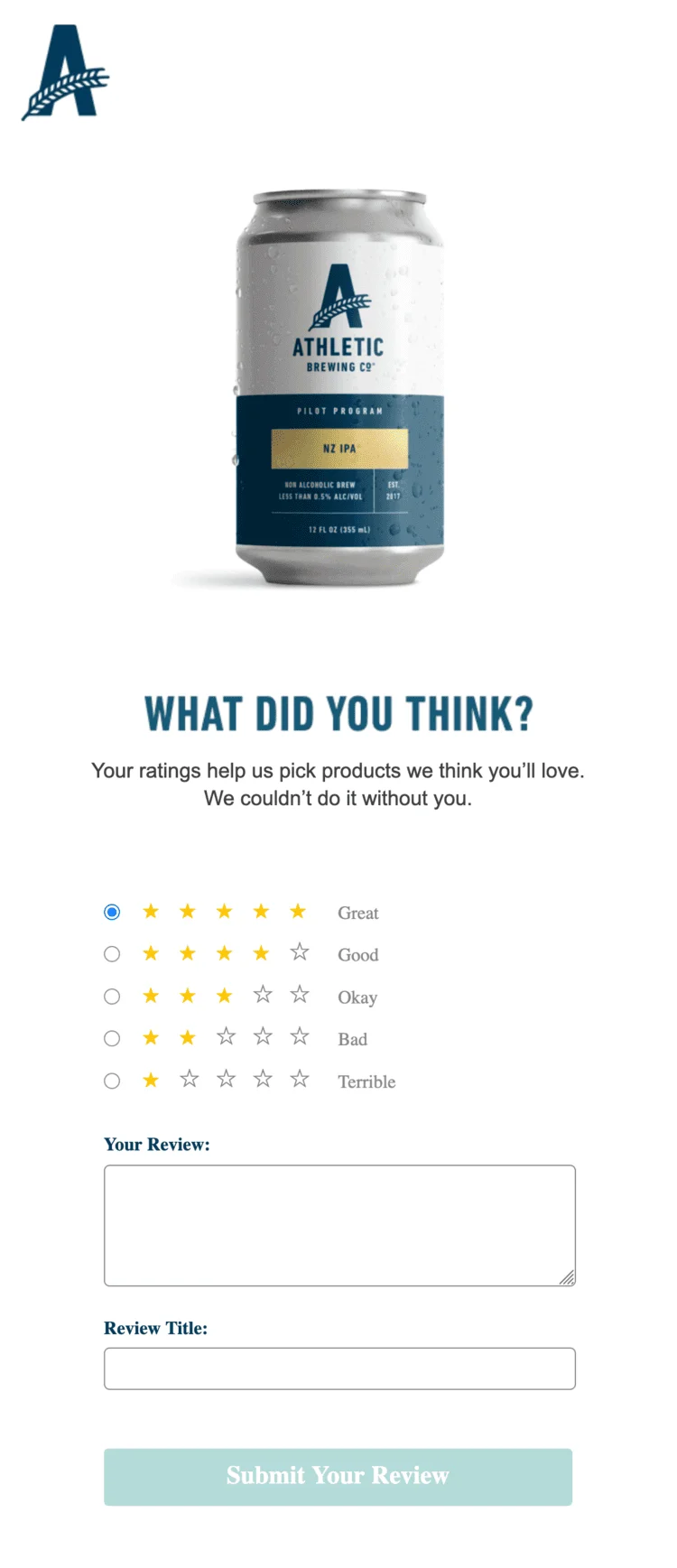 Another post-purchase follow-up email from Athletic Brewing. The email asks for feedback concerning a purchased product.
