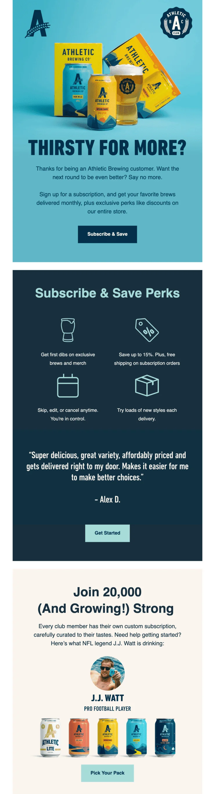 Another example from a post-purchase follow-up email sequence from Athletic Brewing. The company offers a subscription plan and explains the perks of adhering to the plan through relevant information and customer reviews.