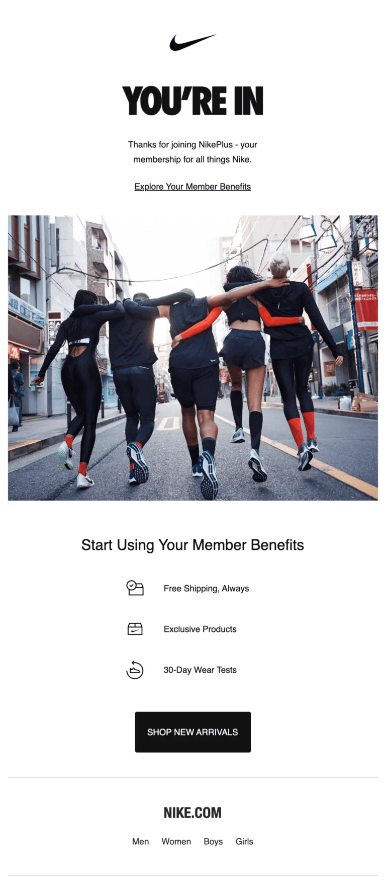NikePlus drip campaign welcome email showcasing membership perks such as free shipping and exclusive product access