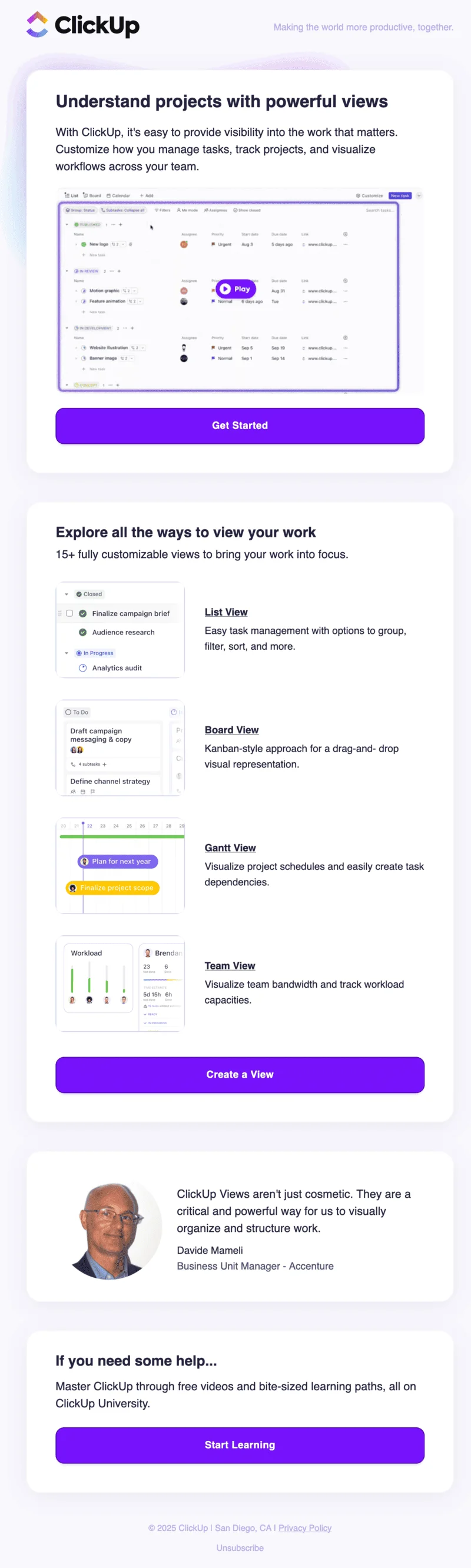 A follow-up email in the same onboarding sequence which brings a video guide about functionalities related to analytics, task management and workflows.
