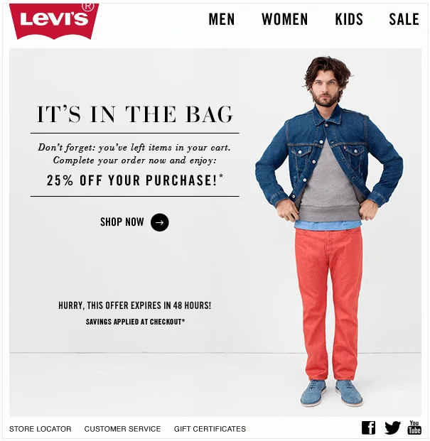 Levi's abandoned cart drip email offering a limited-time discount with a clear call-to-action to complete the purchase