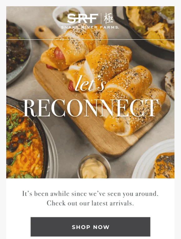 A re-engagement email from Snake River Farms, inviting the customer to check and purchase new products