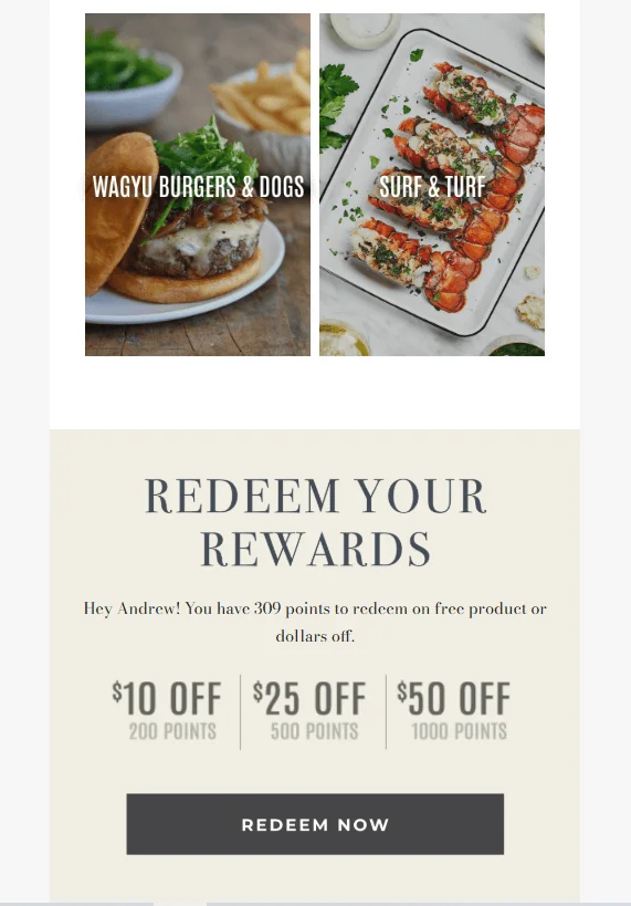 A continuation of the same re-engagement email from Snake River Farms, offering discounts based on a redeemable reward system
