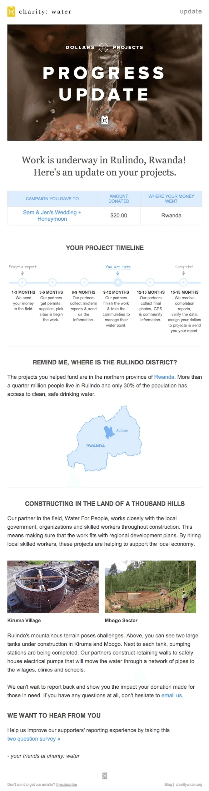 Charity: Water email updating donors on project progress in Rulindo, Rwanda, enhancing donor engagement with timeline and details