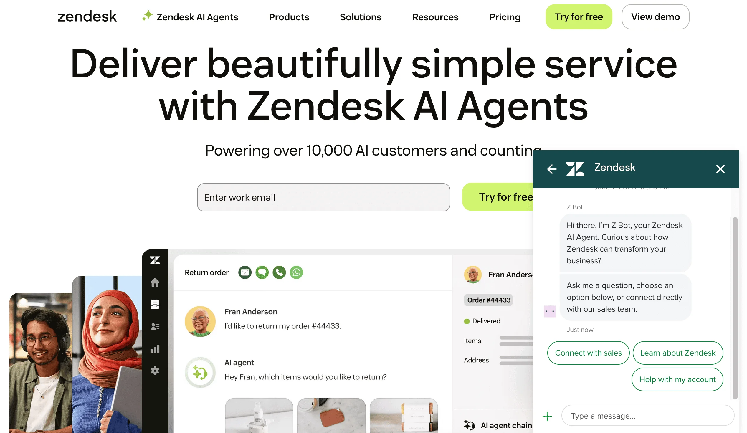 Zendesk website homepage with a chatbot window opened on the right, the chatbot has three buttons for connecting with sales, helping the user with their account, and informing them about the platform