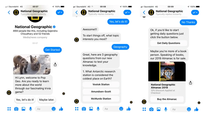 National Geographic chatbot engaging visitors through a quiz and getting them interested in their Almanac e-book, offering a 10% discount