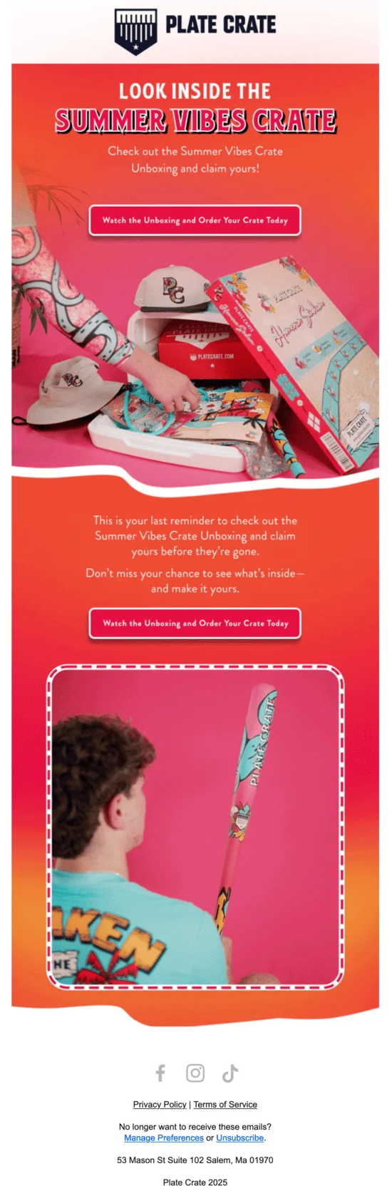 Plate Crate email with the banner text “Look inside the Summer Vibes crate” with two buttons motivating subscribers to see the unboxing video