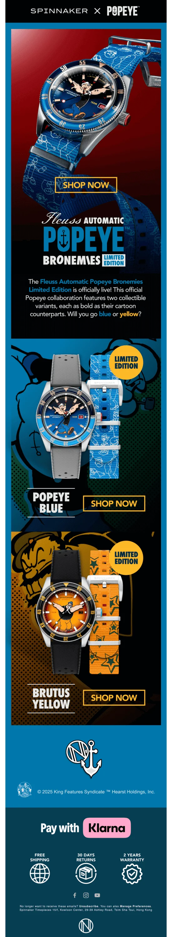 Spinnaker Watches email promoting two limited edition watches — Brutus Yellow and Popeye blue