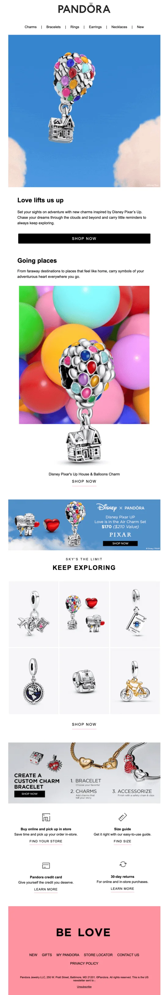 Pandora email showcasing several bracelet charms in collaboration with Disney’s Up