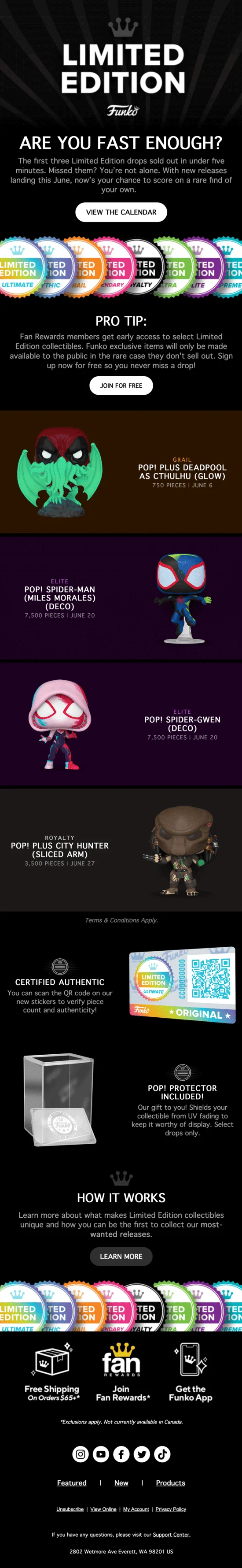 A Funko email with the banner text “Are you fast enough” and several exclusive figurine photos