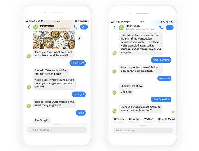 A chatbot interaction shows a quiz that tests the user’s knowledge of breakfasts around the world.