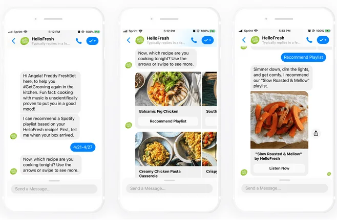 HelloFresh’s chatbot recommends playlists based on what users are cooking.