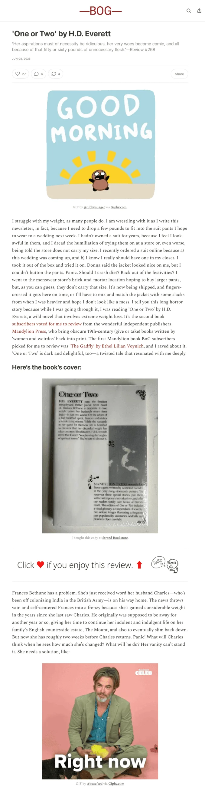A Books on GIF email newsletter about One or Two by H.D. Everett with two GIFs and a photo of the book’s cover