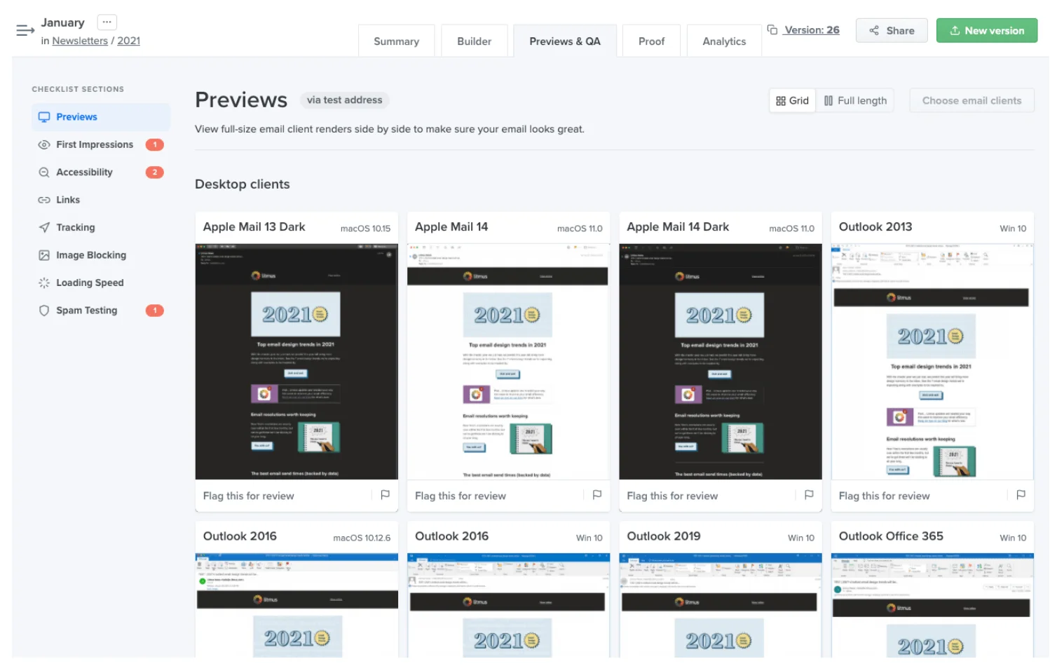 Litmus preview dashboard showing side-by-side email client render tests across Apple Mail and Outlook versions, with accessibility and spam testing sections